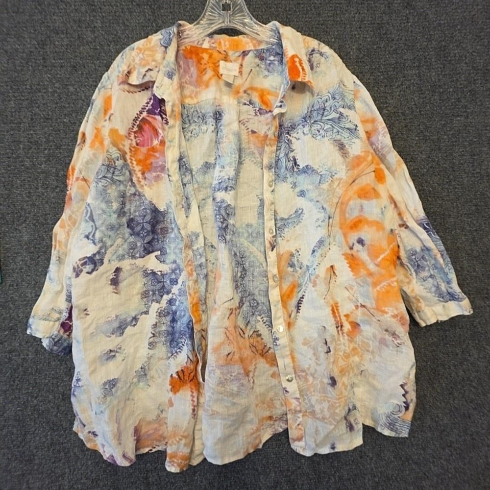 Chico's Button Up Shirt Womens 3 Multicolor Linen Floral Long Sleeve Tunic Top